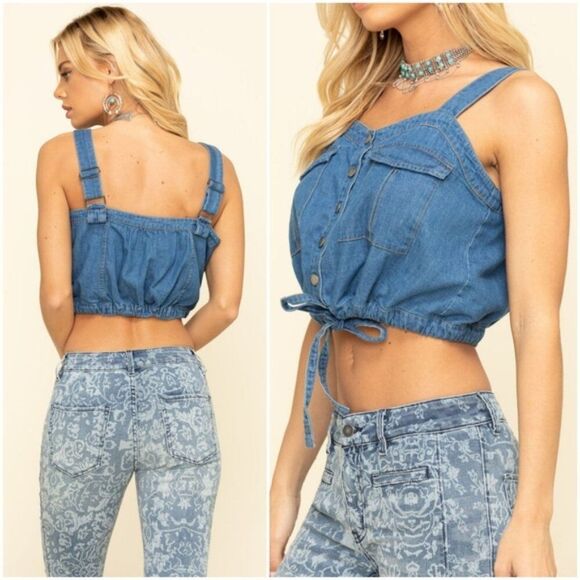 Free People Palm Desert Demin Crop Top Large NWT - Picture 6 of 10